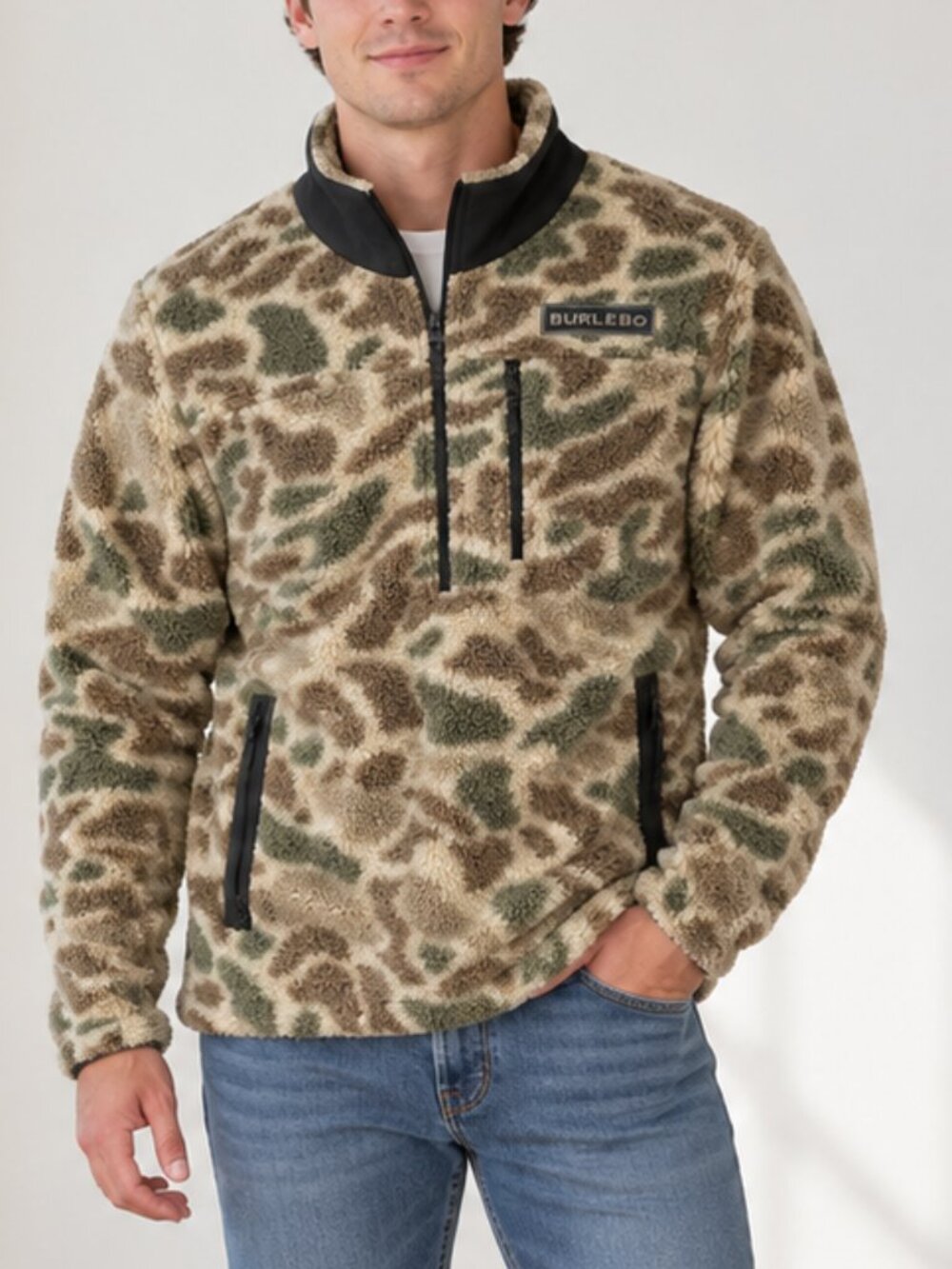 BURLEBO Camo Sherpa Quarter Zip Pullover Mens Small NWT Fleece Jacket
